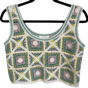 Kirious Los Angeles Y2K granny crochet patchwork floral cotton crop top green L